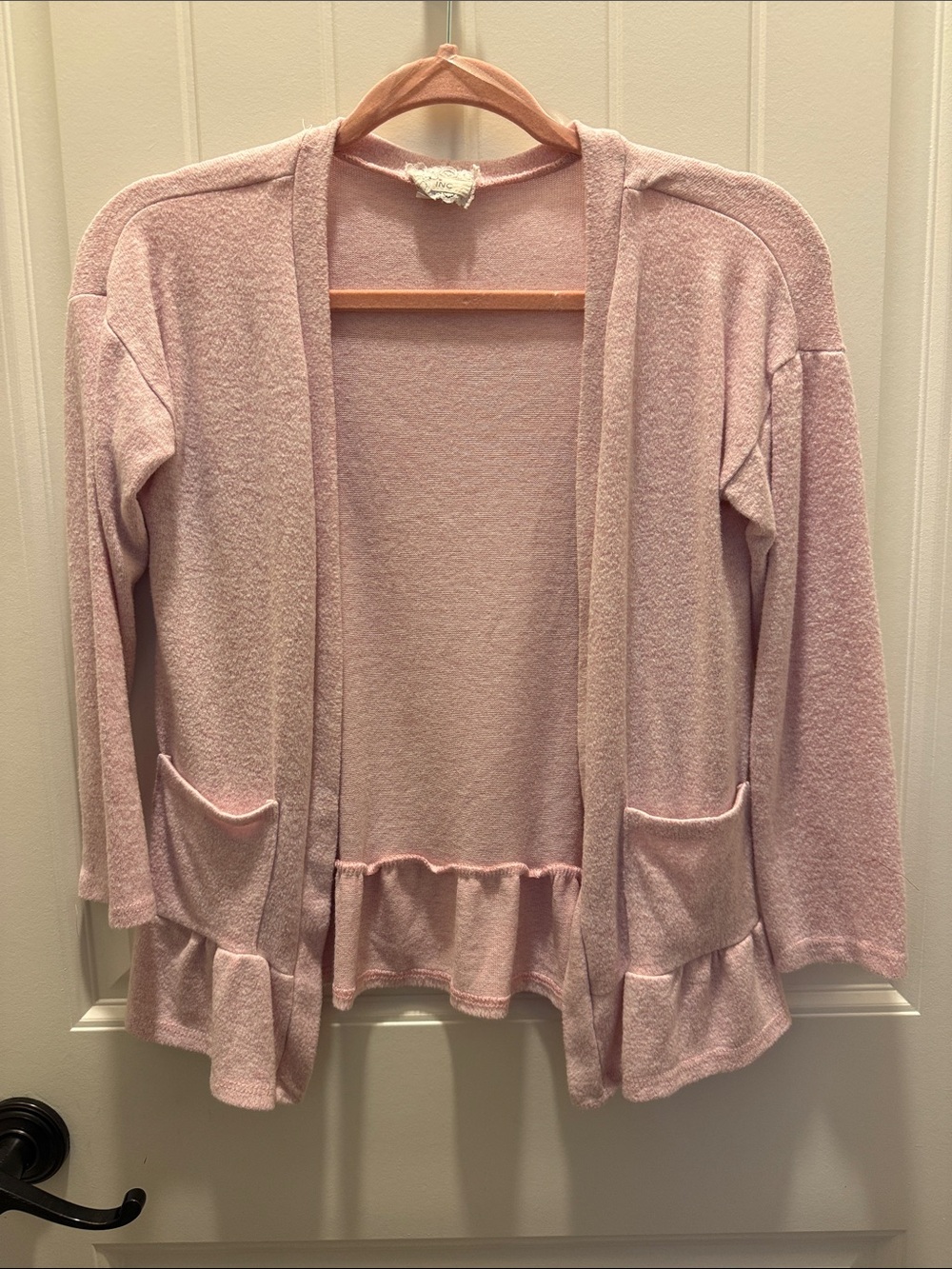 Pinc Girls Heathered Light Pink Open-Front Ruffle Hem Cardigan (14)